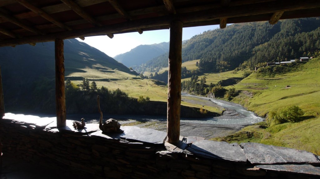 View of Tusheti Alazani River from Guest House Sargiri in Alisgori Gometsari Valley